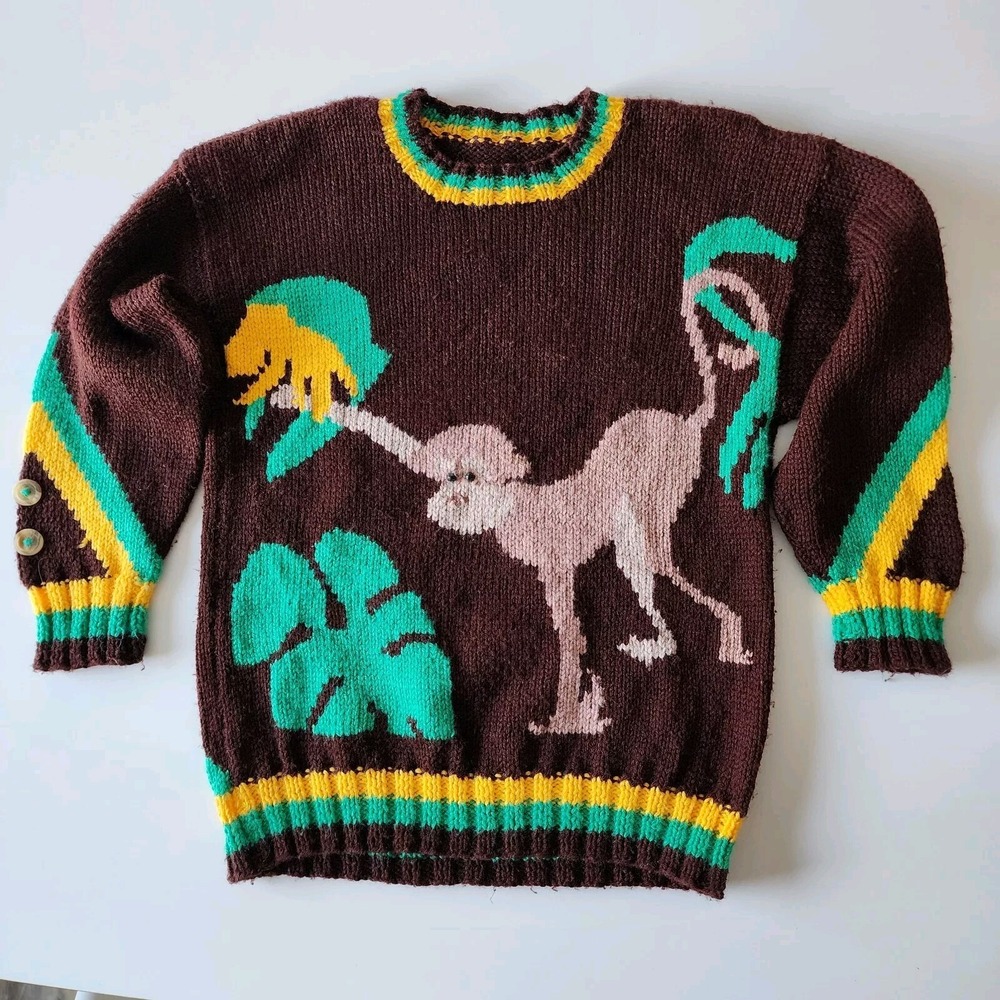 Handmade Knit Sweater Kids 10-12 Years Monkey Bananas‎ Knit Chimp Swinging Fun